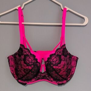 La Senza Hot Pink Lace Underwire Bra with Black Overlay Size 36DD